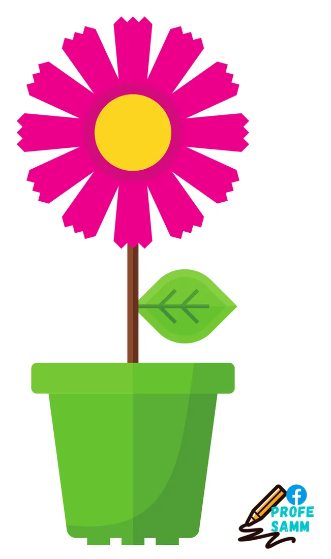 Flor fucsia en una maceta verde con una hoja