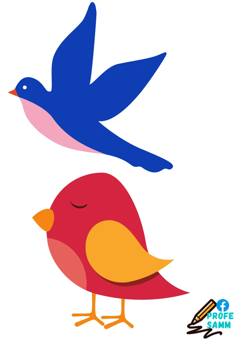 Pájaro azul volando y pájaro rojo posado
