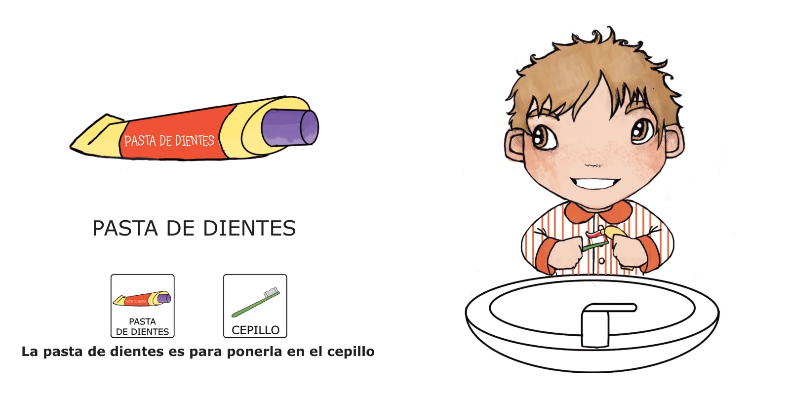 Los dientes de José: José pone pasta en el cepillo verde ante el lavabo, con el texto «La pasta de dientes es para ponerla en el cepillo»