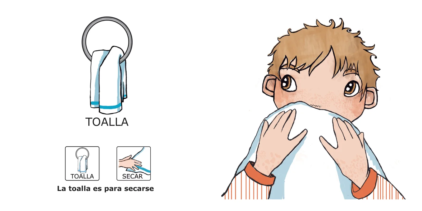 Los dientes de José: José se seca la cara con una toalla blanca que le tapa la boca, con el texto «La toalla es para secarse»