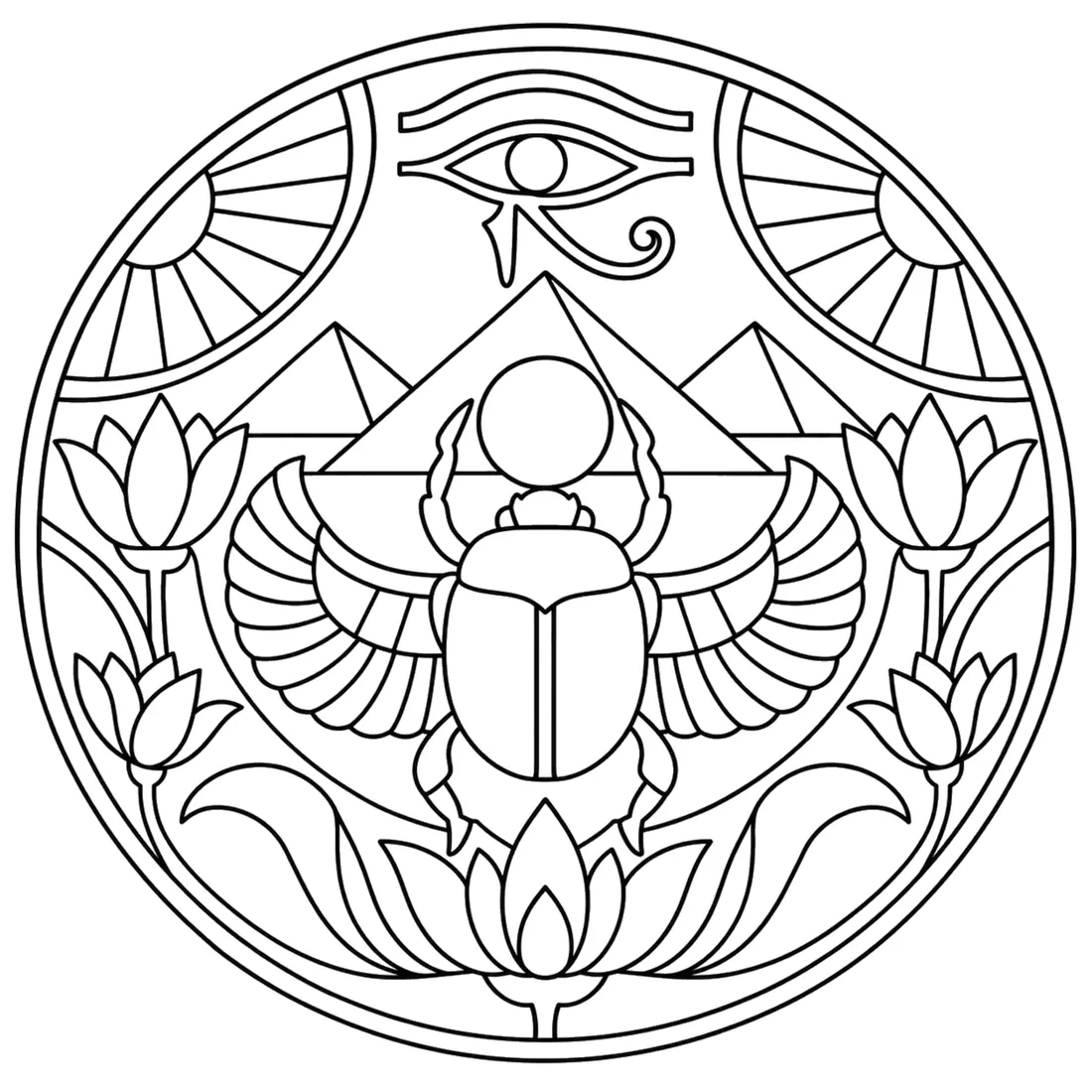 Mandala de Egipto para colorear, con un escarabajo alado, el ojo de Horus, pirámides y flores de loto