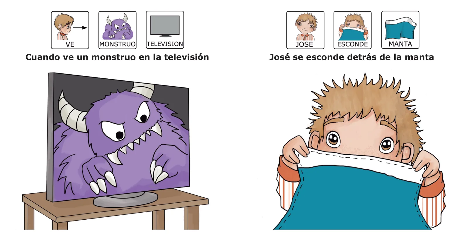José está asustado: un monstruo morado sale en la televisión y José se esconde detrás de su manta azul, con el texto «José se esconde detrás de la manta»