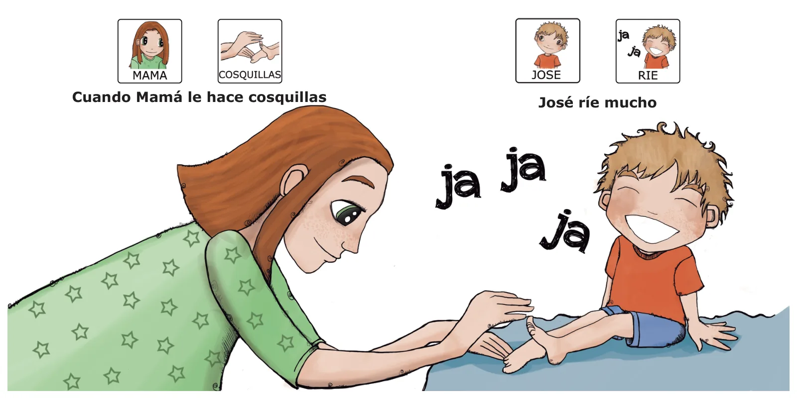 José está contento: Mamá le hace cosquillas en los pies a José, que se ríe a carcajadas con un «ja, ja, ja»