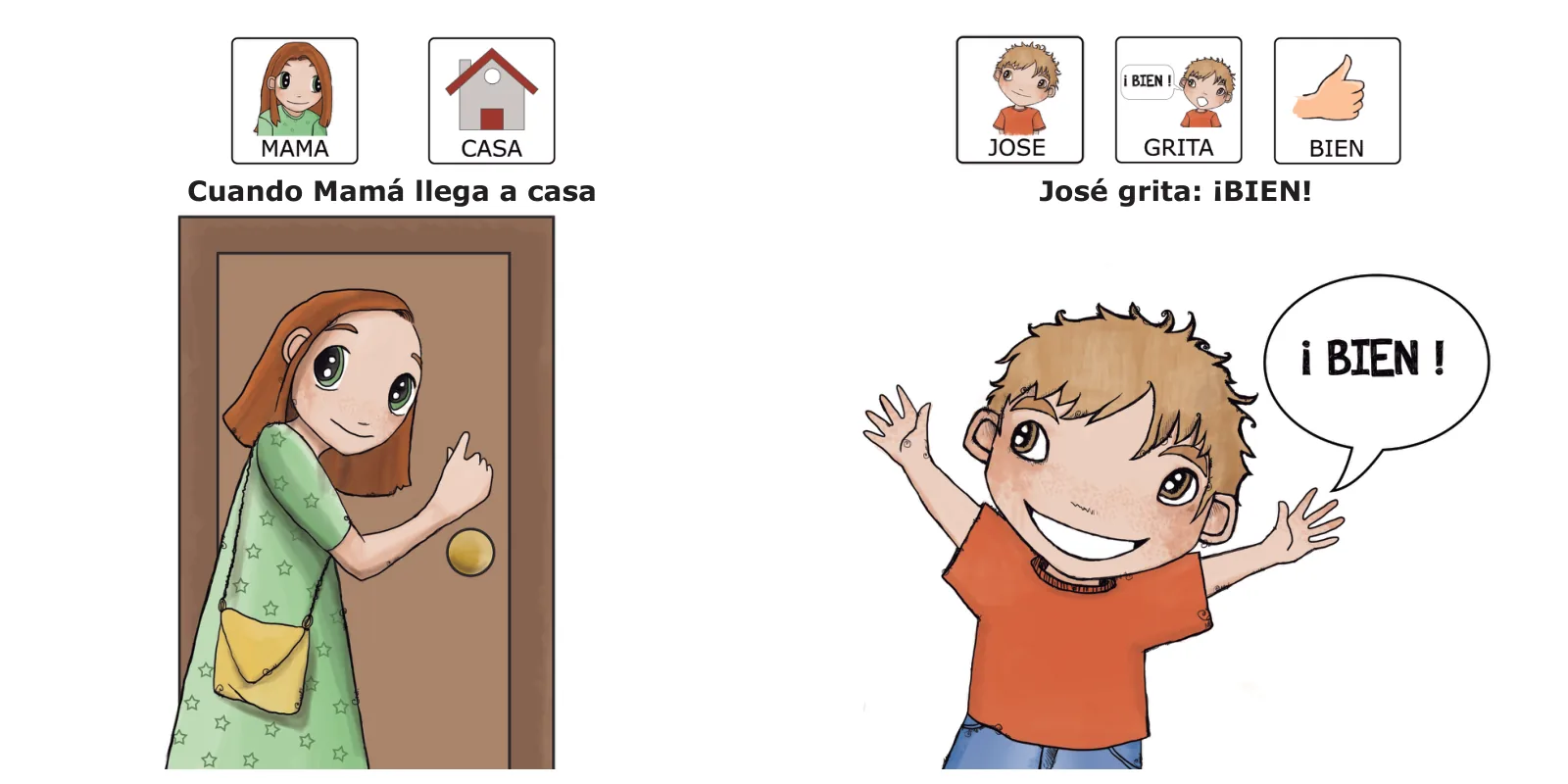 José está contento: Mamá entra por la puerta de casa y José abre los brazos y grita «¡Bien!»
