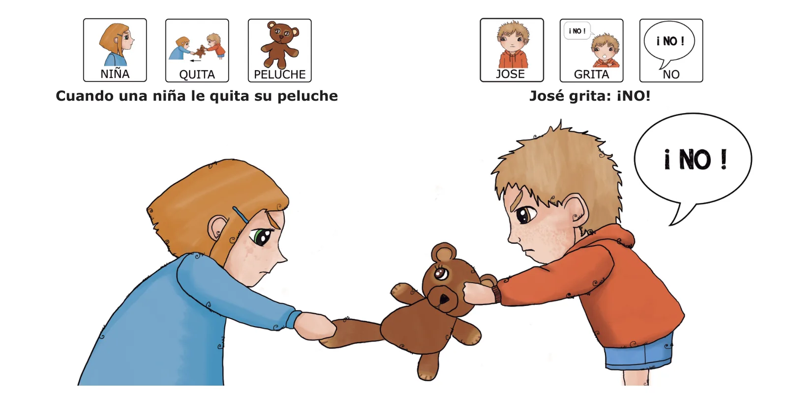 José está enfadado: una niña y José tiran a la vez del mismo osito de peluche mientras José grita «¡No!»