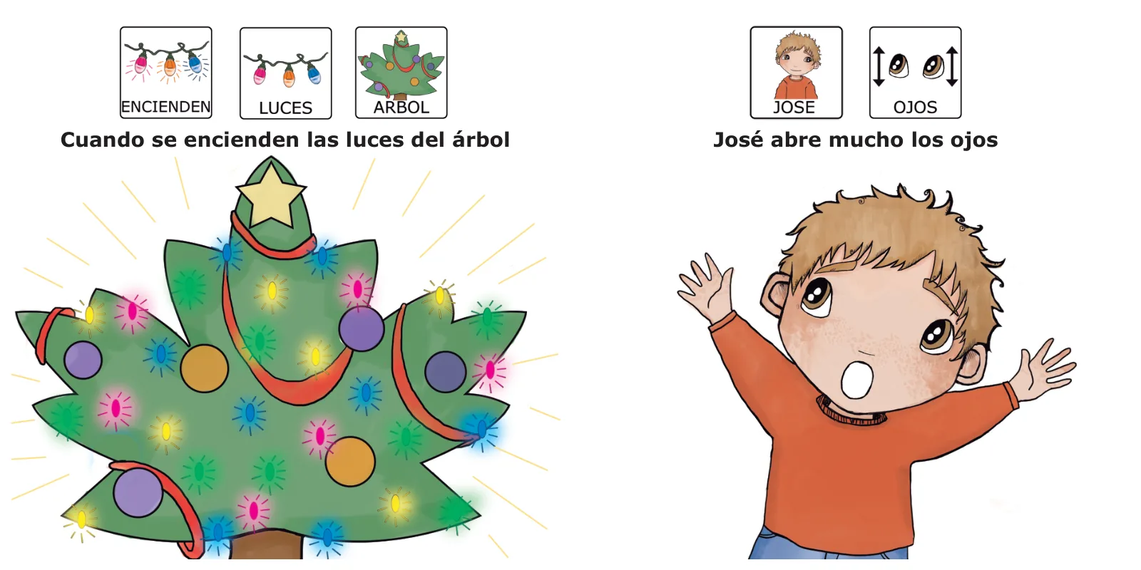 José está sorprendido: se encienden las luces del árbol de Navidad y José abre mucho los ojos con los brazos en alto