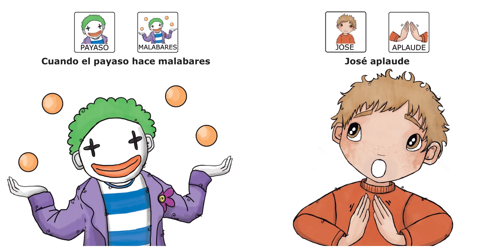 José está sorprendido: un payaso de pelo verde hace malabares y José, con la boca abierta, aplaude, con el texto «José aplaude»