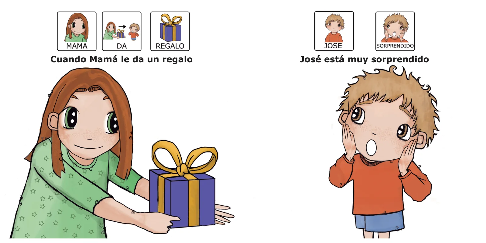 José está sorprendido: Mamá le da un regalo con lazo dorado y José se lleva las manos a la cara, con el texto «José está muy sorprendido»