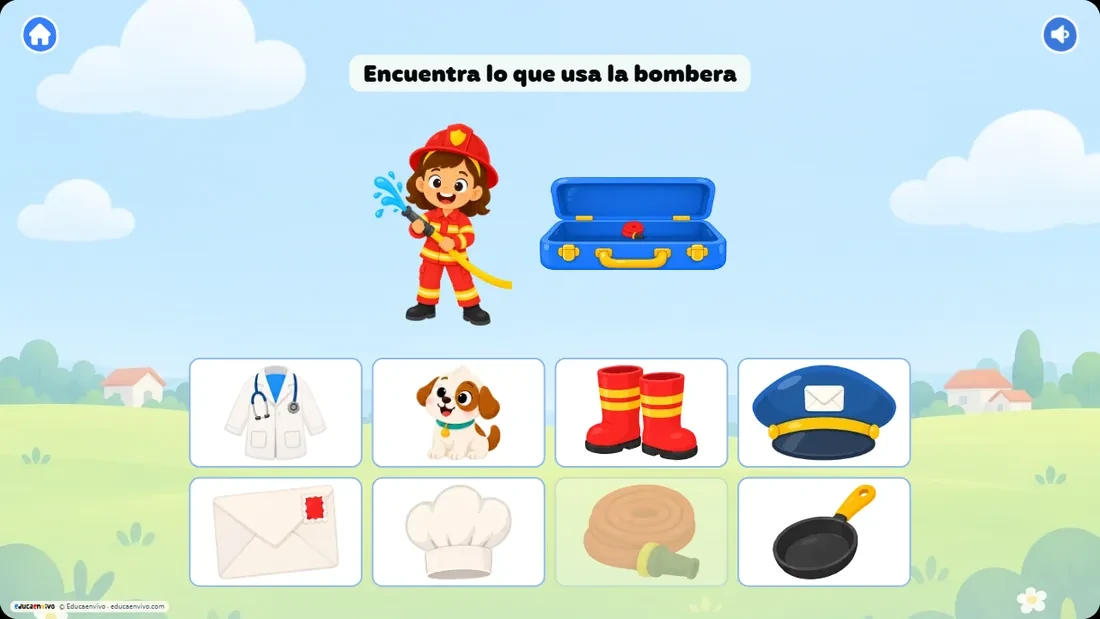 Juego de encontrar lo que usa cada oficio: objetos mezclados para seleccionar
