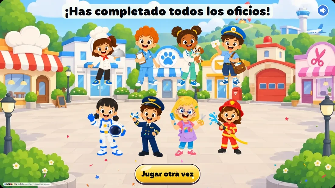 Pantalla final del juego de los oficios con los ocho personajes y el botón Jugar otra vez