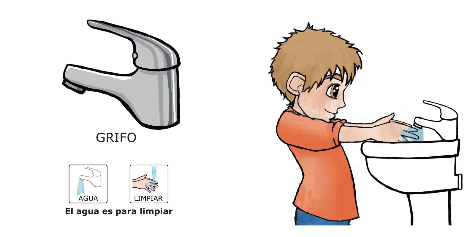 Las manos de José: José pone las manos bajo el grifo del lavabo, con el dibujo del grifo y el texto «El agua es para limpiar»
