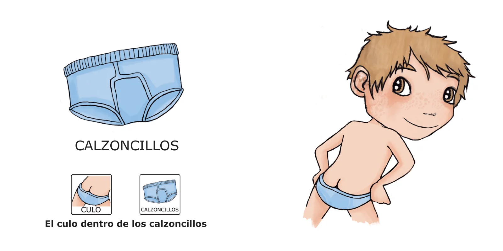La ropa de José: José se sube los calzoncillos azules, con el pictograma de los calzoncillos y el texto «El culo dentro de los calzoncillos»