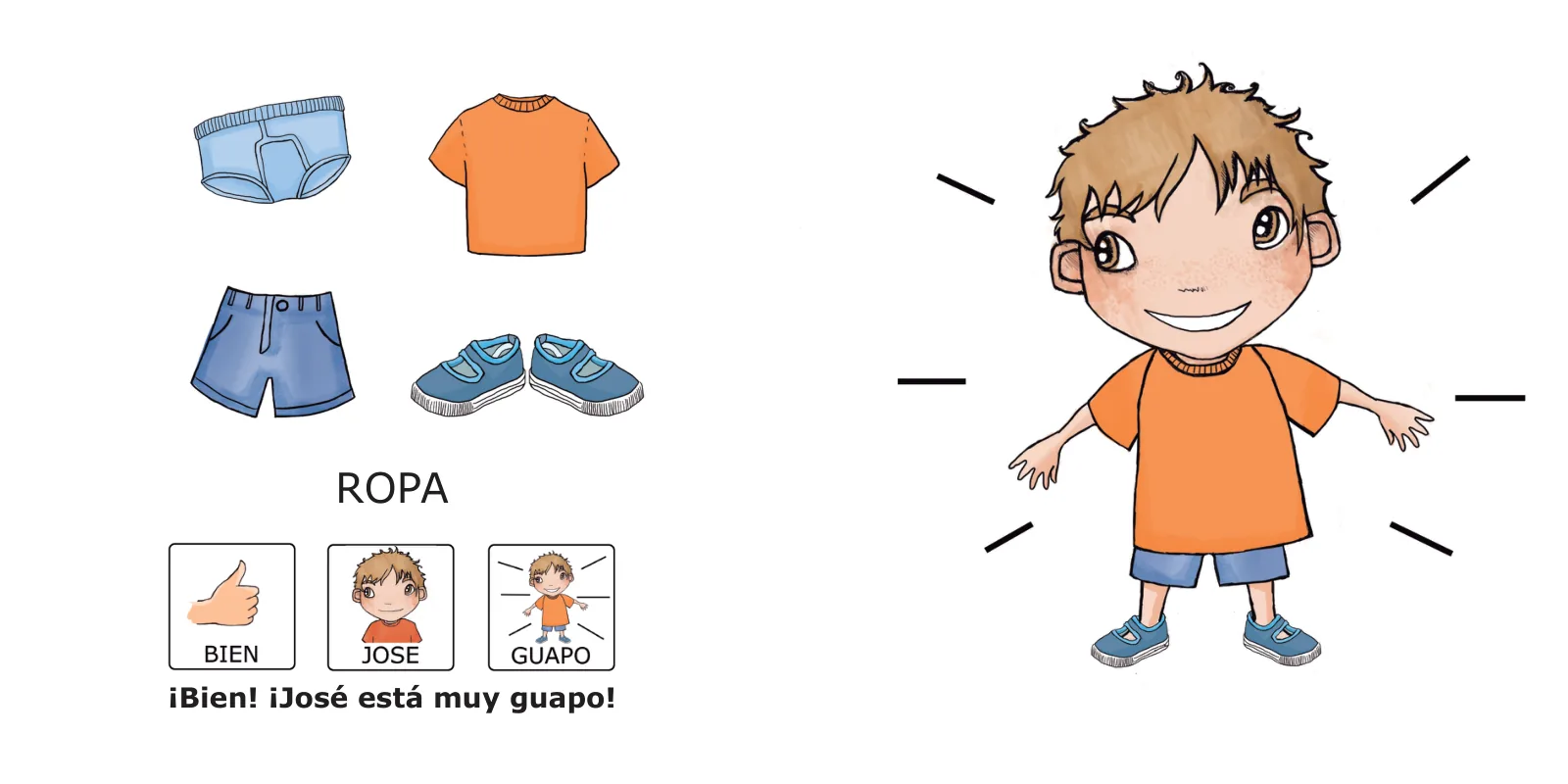 La ropa de José: José ya vestido con camiseta naranja, pantalón corto y zapatos azules, con el texto «¡Bien! ¡José está muy guapo!»