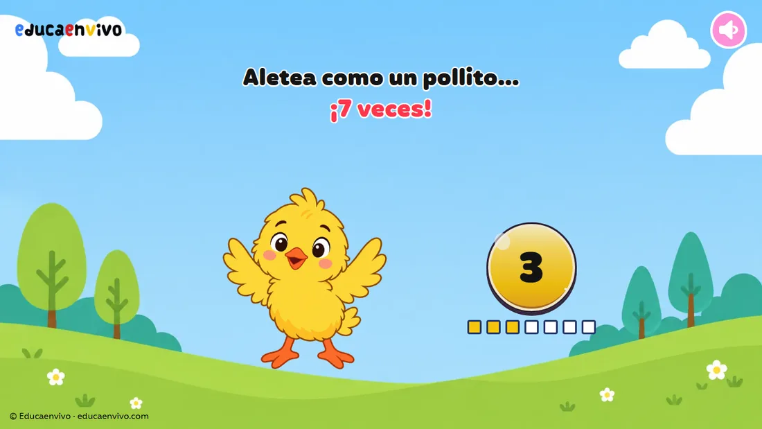Ruleta de activación física: contador de repeticiones con el pollito, un 3 en el botón y siete casillas, tres rellenas