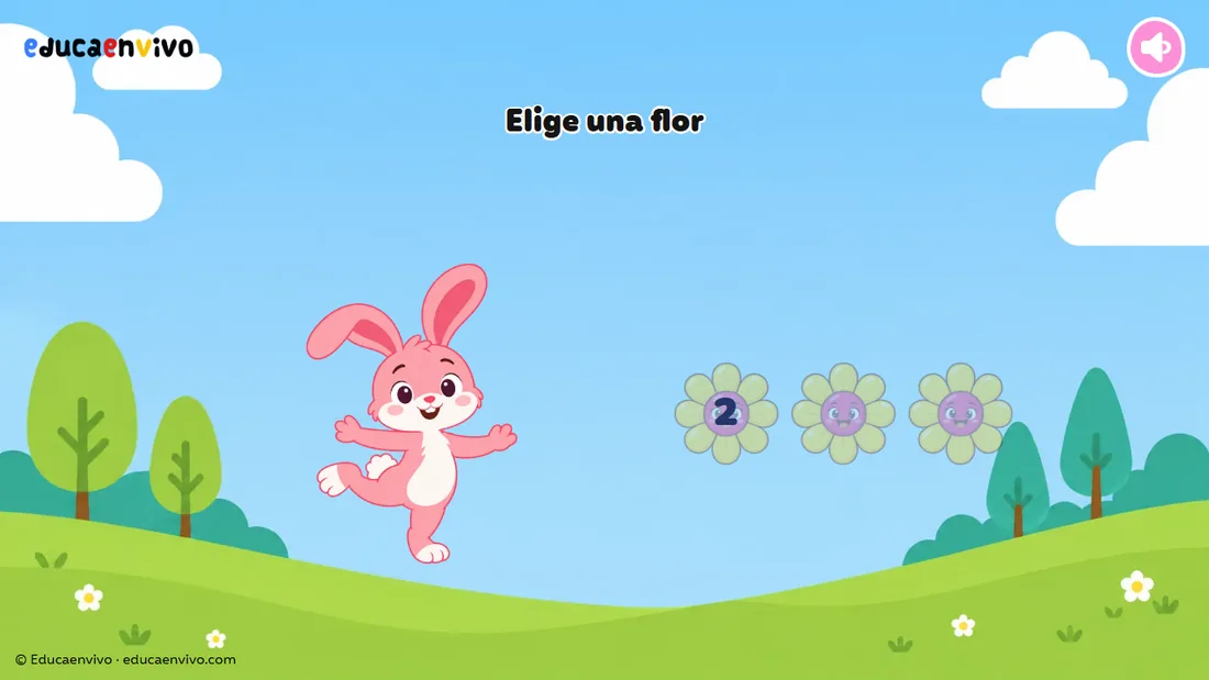 Ruleta de ejercicios para niños: flor abierta con el número 2 junto al conejo y las otras dos flores atenuadas