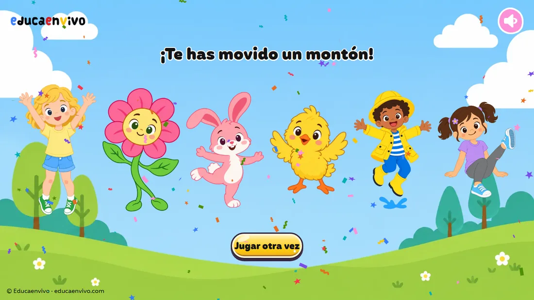 Ruleta de activación física: pantalla final con los seis personajes, confeti y el botón Jugar otra vez