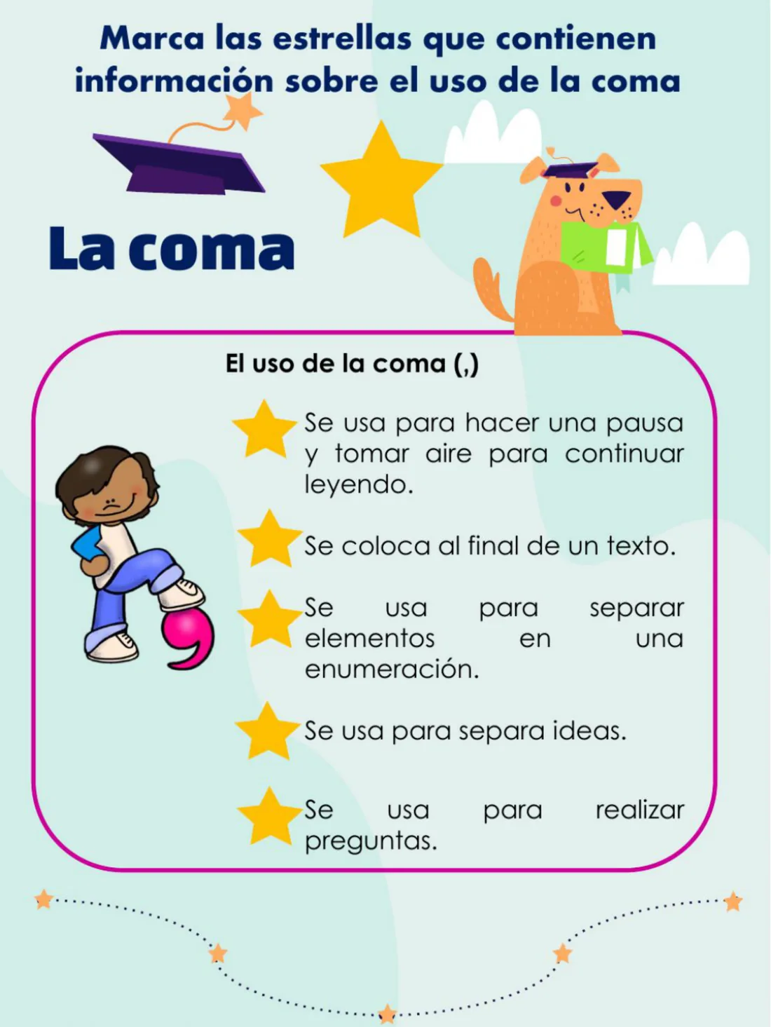 Actividad de marcar la información correcta sobre el uso de la coma, de Salesianos Don Bosco