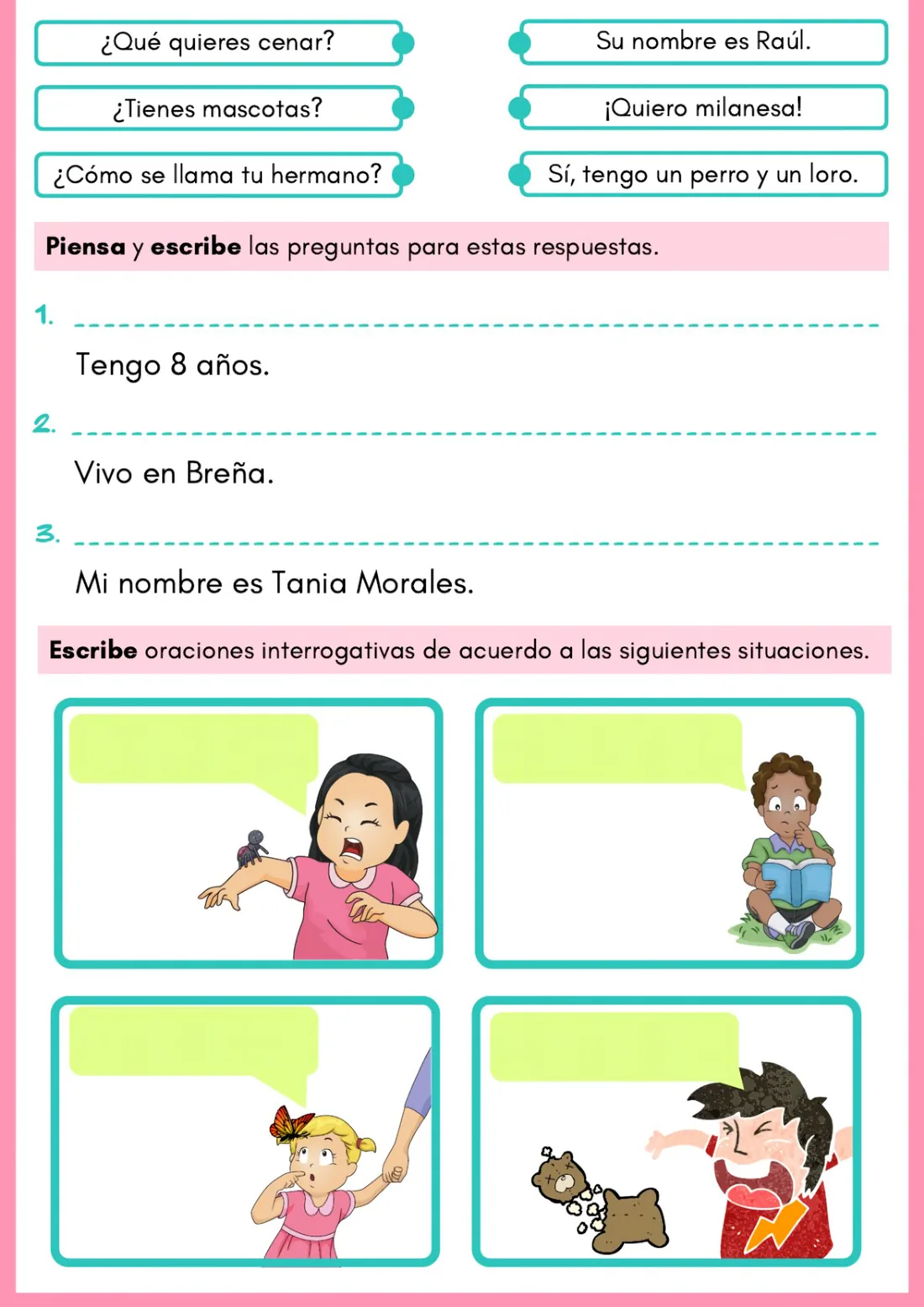 Ejercicios para unir cada pregunta con su respuesta, escribir la pregunta de una respuesta dada y escribir preguntas sobre cuatro dibujos, de Miss Yes