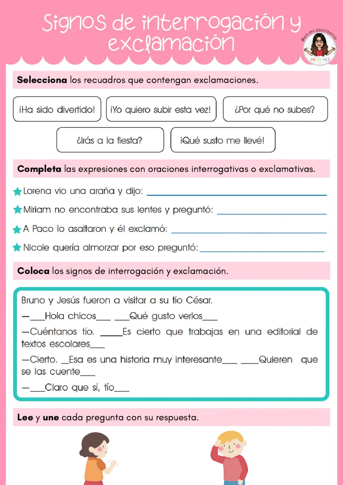 Ejercicios para reconocer exclamaciones y preguntas, de Miss Yes