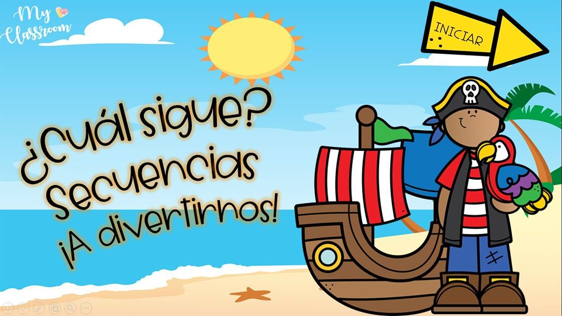 Pantalla de inicio del juego de secuencias: «¿Cuál sigue? Secuencias ¡A divertirnos!» con un barco pirata y el botón INICIAR