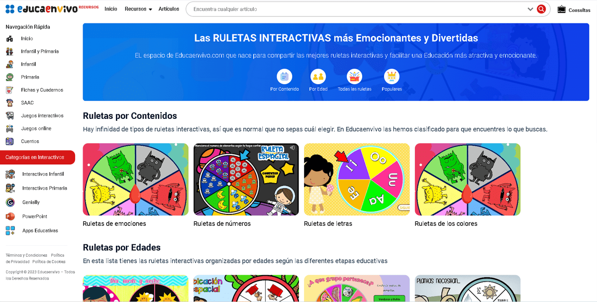 Imagen para acceder a la sección en la que se comparten las mejores ruletas interactivas para niños clasificadas por edades y contenidos: ruletas de letras, números, colores, para infantil, primaria... etc.