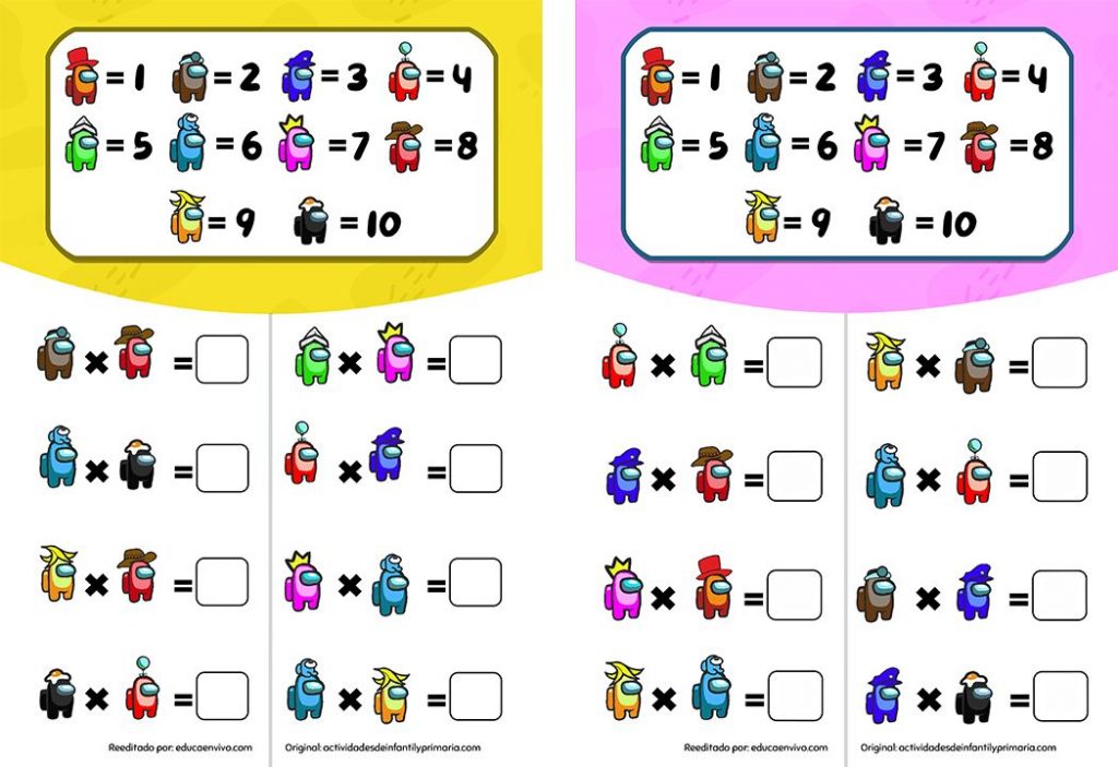 Tablas de multiplicar de Among Us para completar resultados.