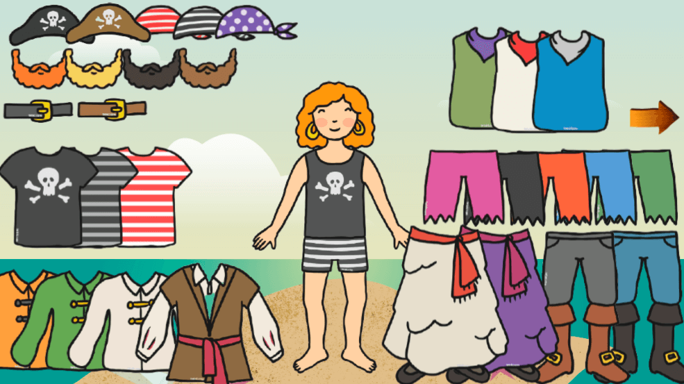Actividad de vestir al pirata con sombreros, barbas, camisetas y pantalones