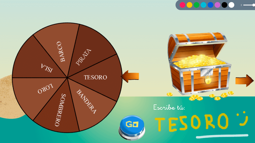 Ruleta con las palabras isla, barco, pirata, tesoro, bandera, sombrero y loro para escribirlas