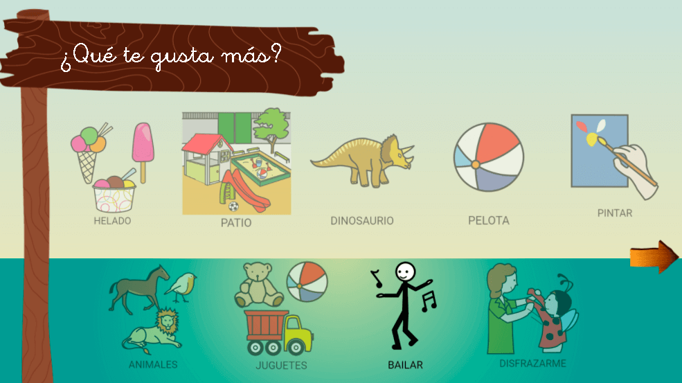 Pantalla de preferencias con pictogramas de helado, patio, dinosaurio, pelota y pintar