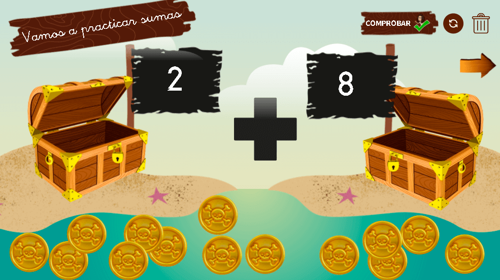 Actividad de sumas: dos cofres abiertos con los números 2 y 8 sobre monedas de oro