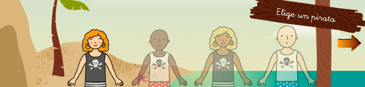 Pantalla para elegir personaje con cuatro niños vestidos de pirata en una playa