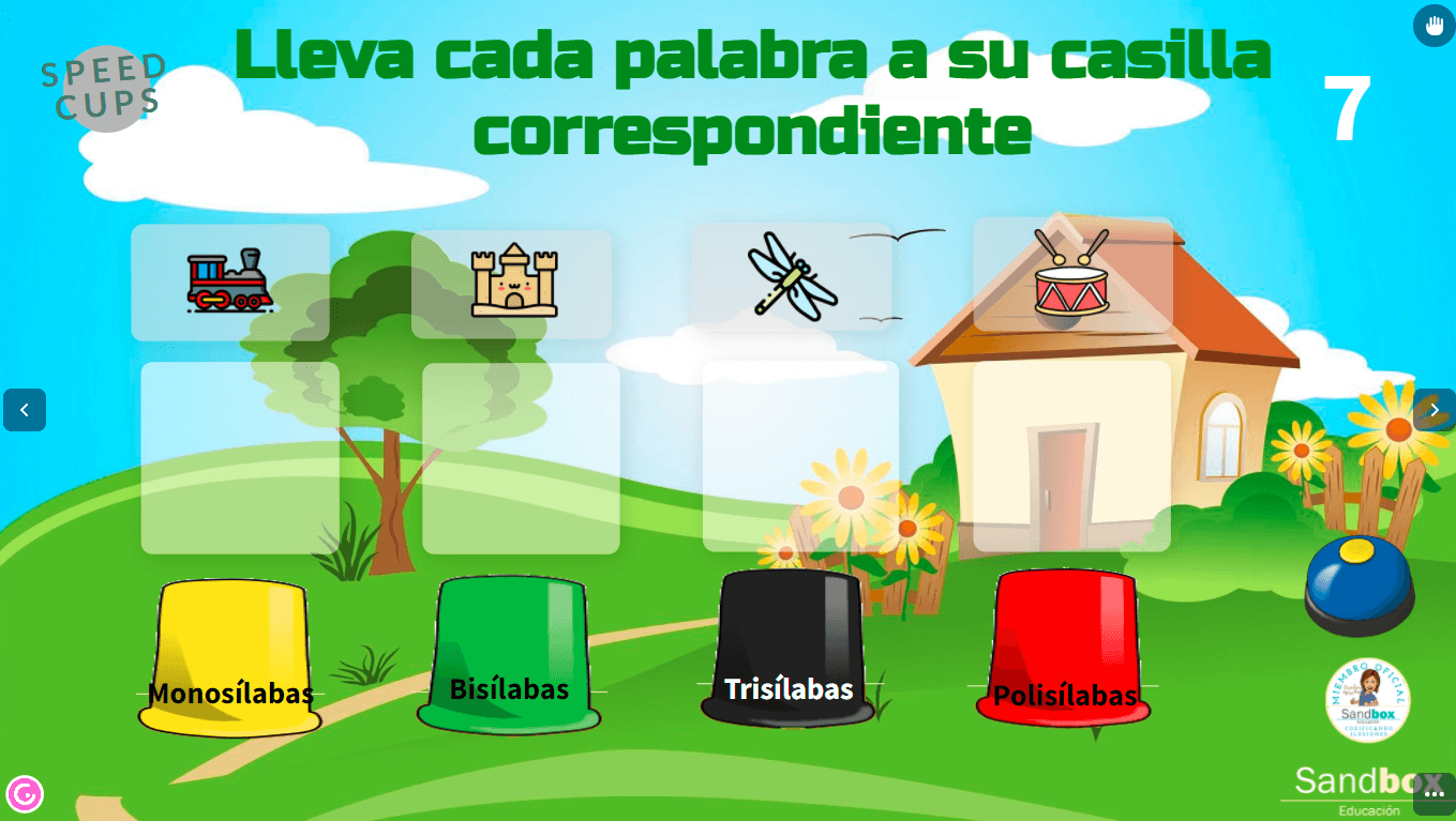 Actividad con dibujos de tren, castillo, libélula y tambor para llevar a su casilla de sílabas
