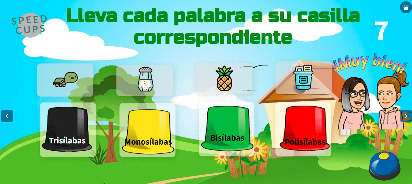 Pantalla de acierto con el mensaje «¡Muy bien!» y las cuatro casillas de sílabas completas
