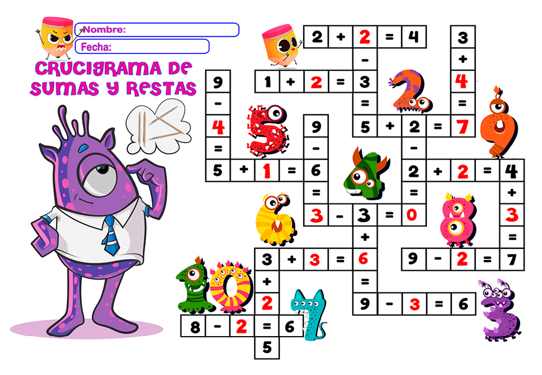 crucigrama sumas y restas resuelto