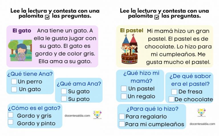 Actividades de lectura comprensiva cerrada para niños: textos muy cortos de 20-25 palabras con opciones de respuesta.