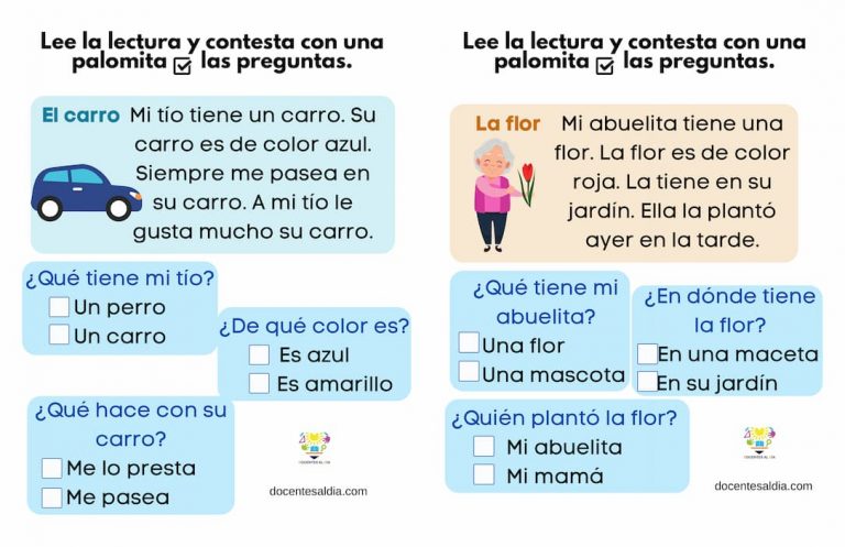 Recursos de lectura para niños: ejercicios de comprensión con textos cortos y opciones de respuesta.