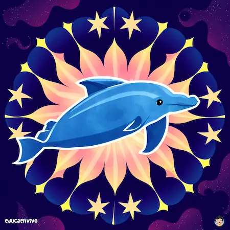 Mandala de delfín coloreado en el fondo marino y con estrellas de mar