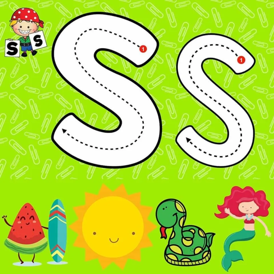 Ficha de grafomotricidad para la letra S de imprenta en color verde con dibujos de serpientes y estrellas.