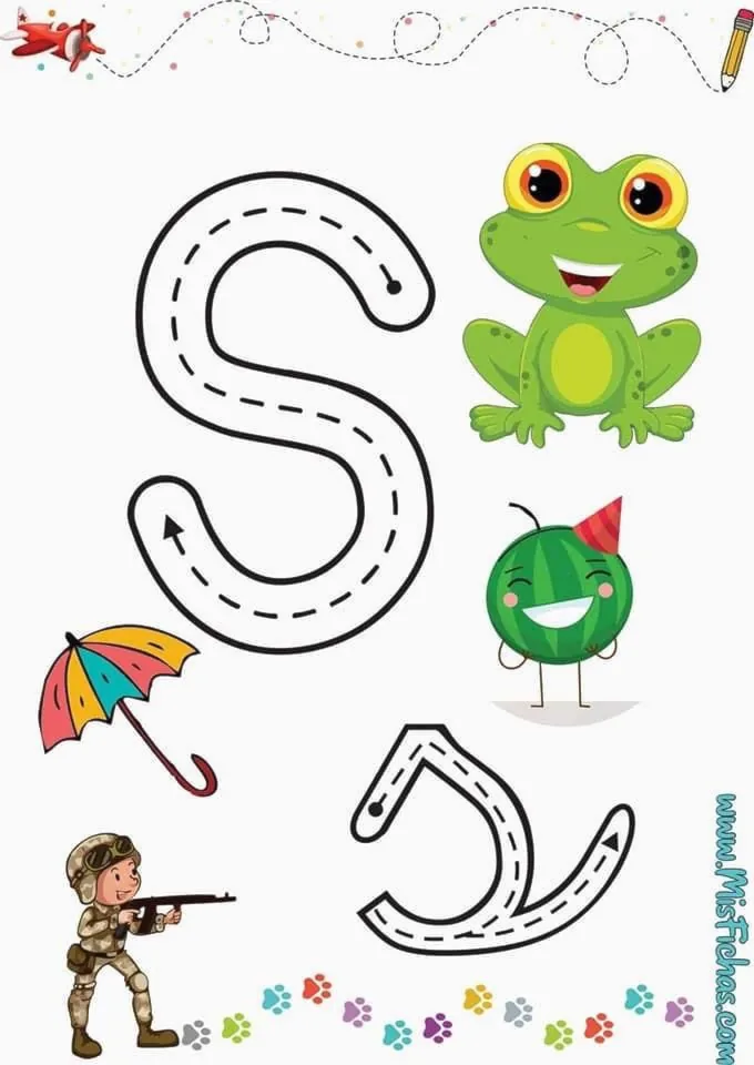 Ficha de grafomotricidad para la letra S cursiva con dibujos de animales y objetos que empiezan por la letra S