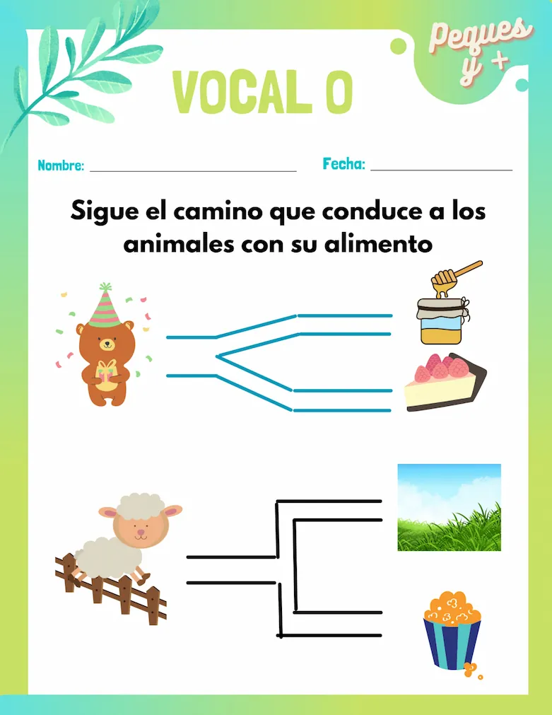 Juego de vocales con un oso y una oveja, los niños deben seguir el camino que lleve el animal a su alimento