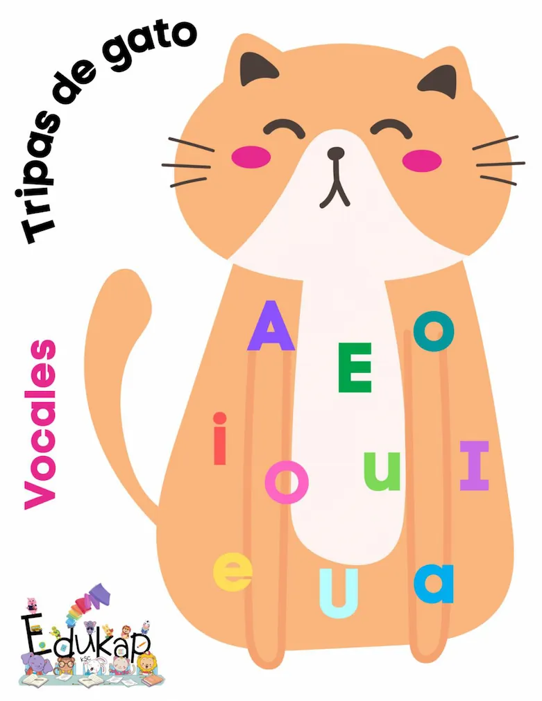 Cuaderno de vocales para preescolar, gato con todas las vocales encima