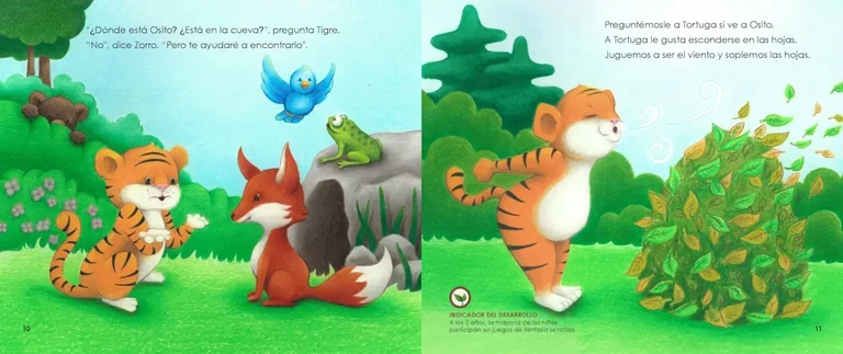 Imagen previa del cuento Dónde está Osito mostrando a Tigre y sus amigos explorando un bosque en busca de Osito.