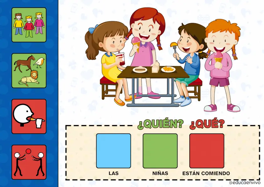 Escena de niños comiendo diferentes comidas en el juego de preguntas con pictogramas para mejorar la comunicación en niños que utilizan SAAC.