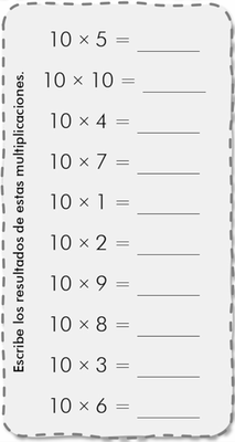 Completar los resultados que faltan en la tabla de multiplicar del 10.