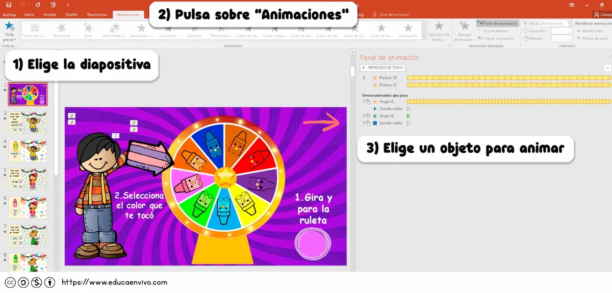 Pestaña Animaciones de PowerPoint abierta sobre la plantilla de la ruleta, con el panel de animación desplegado a la derecha