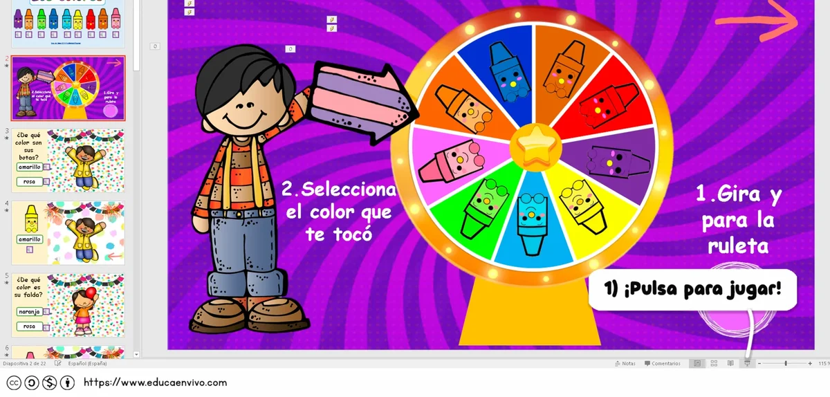 Plantilla de ruleta de colores personalizada lista para girar en modo presentación