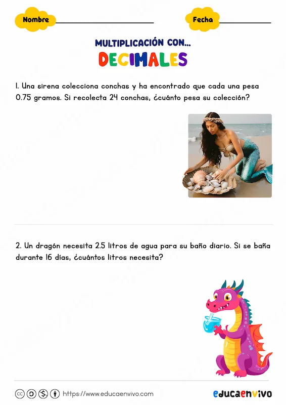 Vista previa de la ficha de multiplicación con decimales para practicar